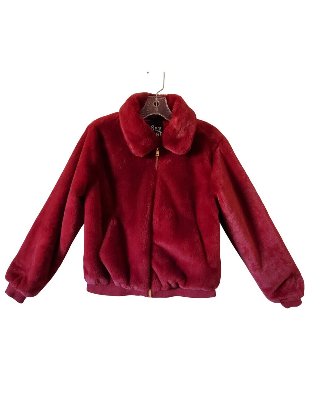 Say What Jacket Womens M Red Faux Fur Lined Soft Collar Pockets Casual Zip